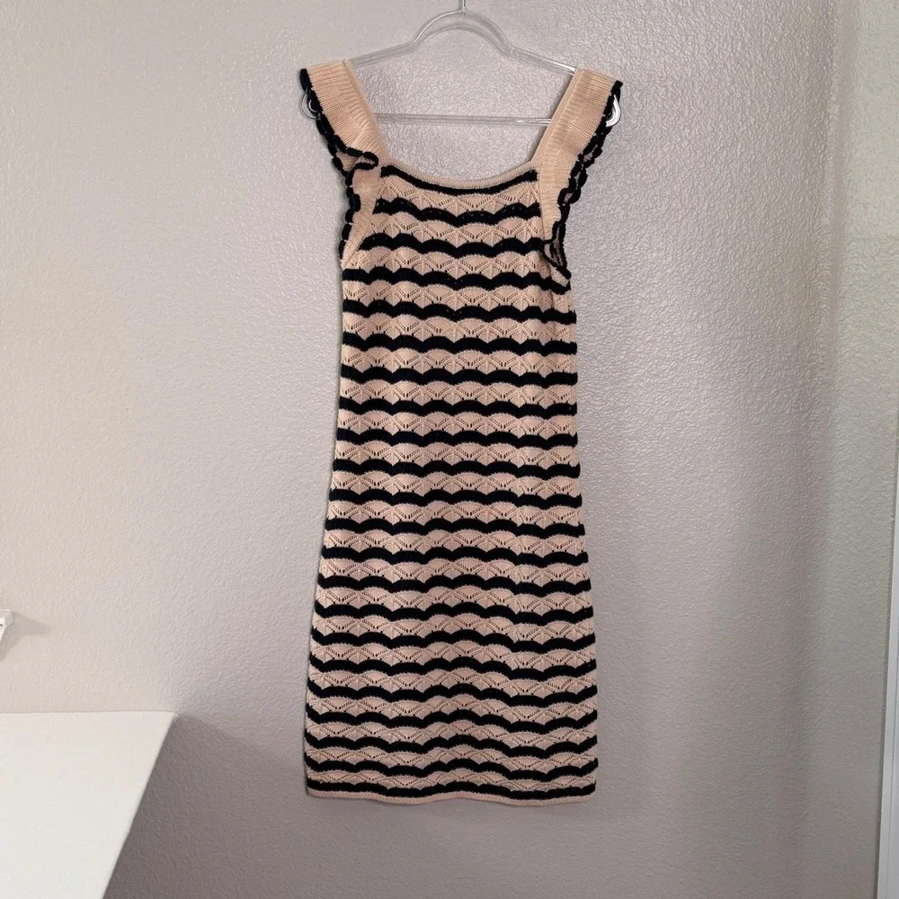 NWT Midi Dress Crochet Knit Chevron Ruffle Blush Cream Navy Nautical Soft Girl - Picture 9 of 11